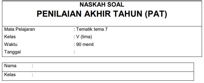 Kisi-Kisi Soal PAT UAS UKK Kelas 5 Tema 7 Peristiwa dalam Kehidupan 2021