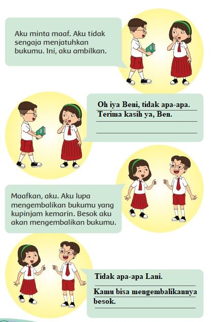 Apa yang Akan Kamu Katakan Jika Ada Teman yang Meminta Maaf? Kunci Jawaban Tema 5 Kelas 1 Halaman 72